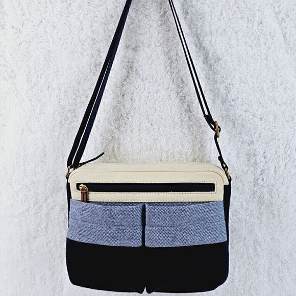 FOSSIL Navy Blue Ivory Striped Linen Crossbody Leather Accents Adjustable Strap - Picture 6 of 16